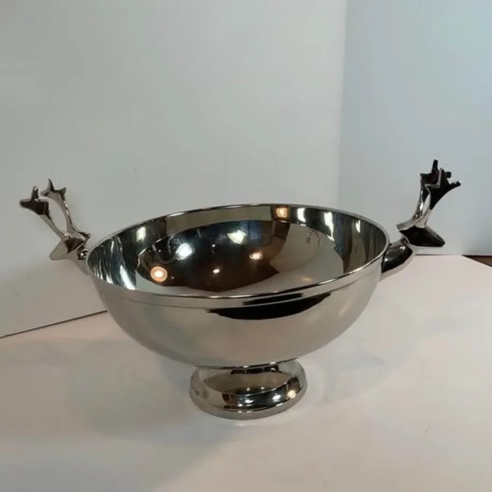 Crate & Barrel Reindeer Bowl 9” Silver Tone Fruit Cabin Christmas Holiday Lodge